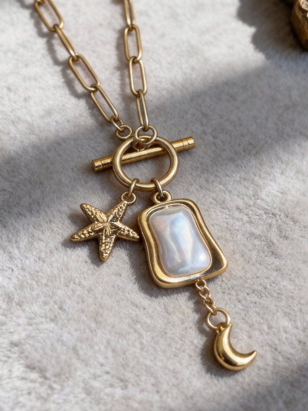 Gold Starfish Moon Charm Necklace Stainless Steel